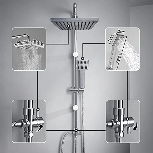 JOHO ▫️ Coluna de duche em aço inoxidável sem torneira termostática, conjunto de duche com barra de altura ajustável, chuveiro de mão tipo alcachofra e cabeça de duche tipo chuva em ABS 20x20 cm, cromado 2