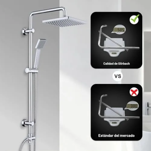 JOHO ▫️ Coluna de duche em aço inoxidável sem torneira termostática, conjunto de duche com barra de altura ajustável, chuveiro de mão tipo alcachofra e cabeça de duche tipo chuva em ABS 20x20 cm, cromado 5