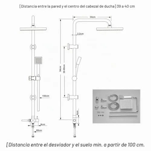 JOHO ▫️ Coluna de duche em aço inoxidável sem torneira termostática, conjunto de duche com barra de altura ajustável, chuveiro de mão tipo alcachofra e cabeça de duche tipo chuva em ABS 20x20 cm, cromado 6