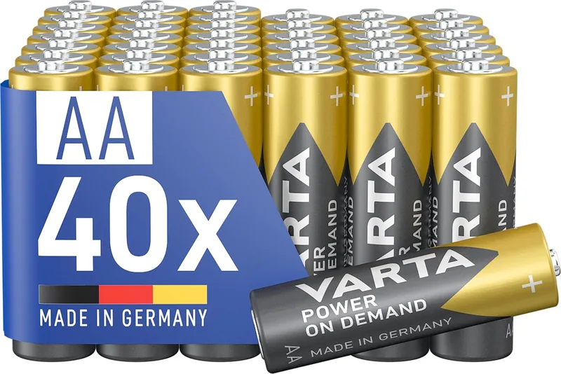 Varta ▫️ Pilhas AA, embalagem de 40, Power on Demand, alcalinas, 1,5 V, para acessórios de computador, dispositivos Smart Home, lanternas, Fabricadas na Alemanha