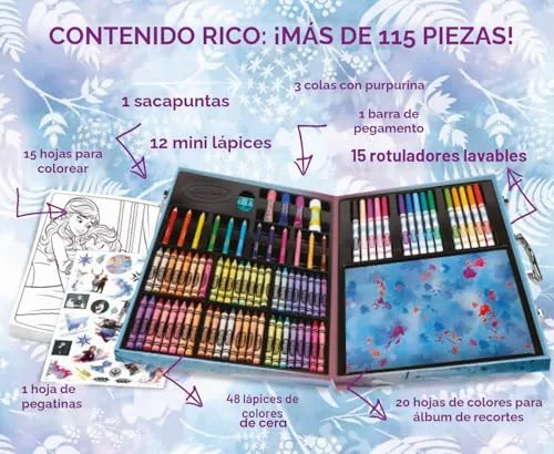 CRAYOLA ▫️ Maleta de materiais de pintura para crianças com o tema Frozen II, kit de pintura com lápis, lápis de cera, marcadores e purpurina, cores variadas, conjunto de mais de 115 unidades, não tóxico, adequado para crianças a partir dos 5 anos 4