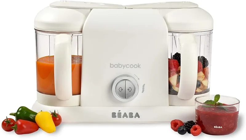 BÉABA Babycook Duo, Processador de alimentos para bebés 4 em 1, Liquidificadores, Cozinha e cozinha a vapor, Rápido em 15 minutos, Cozinha caseira para bebés e crianças, Capacidade XXL, 2 x 200 ml, Branco/Prato, Branco/Prato