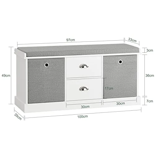 SoBuy ▫️ FSR66-HG Banco com 2 gavetas e 2 cestos, Banco com espaço de arrumação, C 100 x P 35 x A 50 cm, ES 3