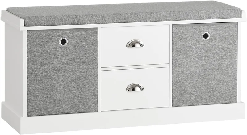 SoBuy ▫️ FSR66-HG Banco com 2 gavetas e 2 cestos, Banco com espaço de arrumação, C 100 x P 35 x A 50 cm, ES