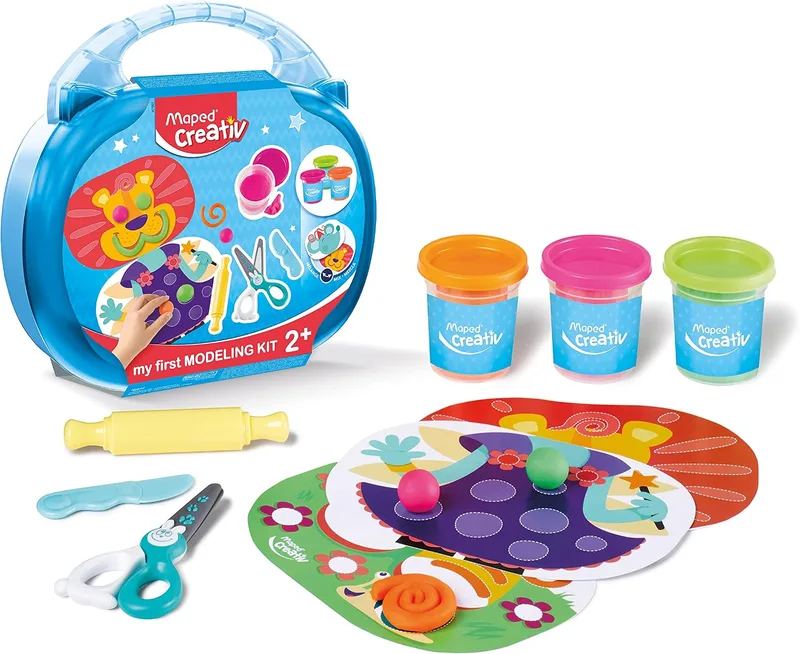 Maped ▫️ Conjunto de Pintura para Crianças - Kit «A Minha Primeira Massa de Modelar» - Adequado a partir dos 2 anos - Inclui 1 faca e 1 rolo de plástico, 1 tesoura, 3 potes de massa e 3 fichas de atividades