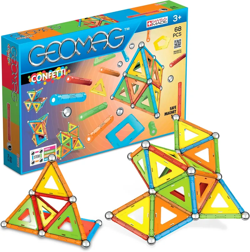 Geomag ▫️ Classic Confetti 68 peças - Construções magnéticas - Brinquedos para crianças a partir dos 3 anos - Fabricado na Suíça - Blocos de construção com 24 varas, 20 bolas e 24 peças planas - Jogos magnéticos STEM
