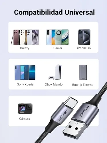 UGREEN ▫️ Cabo USB-C de carregamento rápido QC3.0 3A 480 Mbps com trança de nylon (0,5 m, 1 embalagem) 3