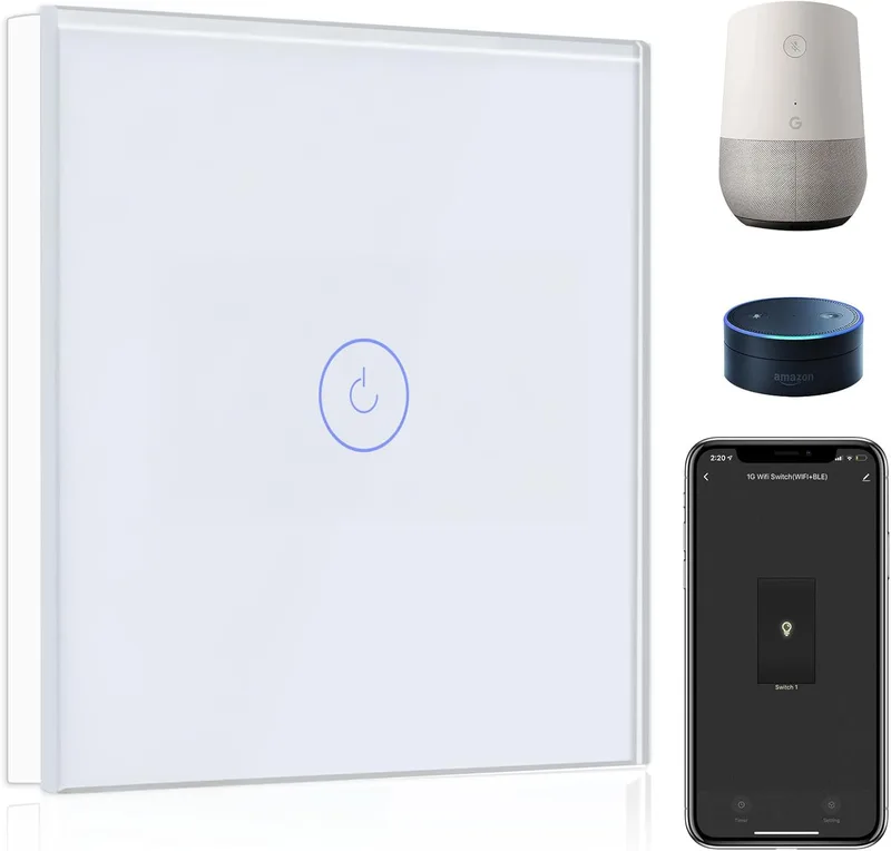 BSEED ▫️ Interruptor de parede WiFi 1 Gang 1 Way Smart Switch com tela de toque branca, compatível com Alexa, Google Home, controle de APP e função de temporizador【Neutro】Neutro necessário】.