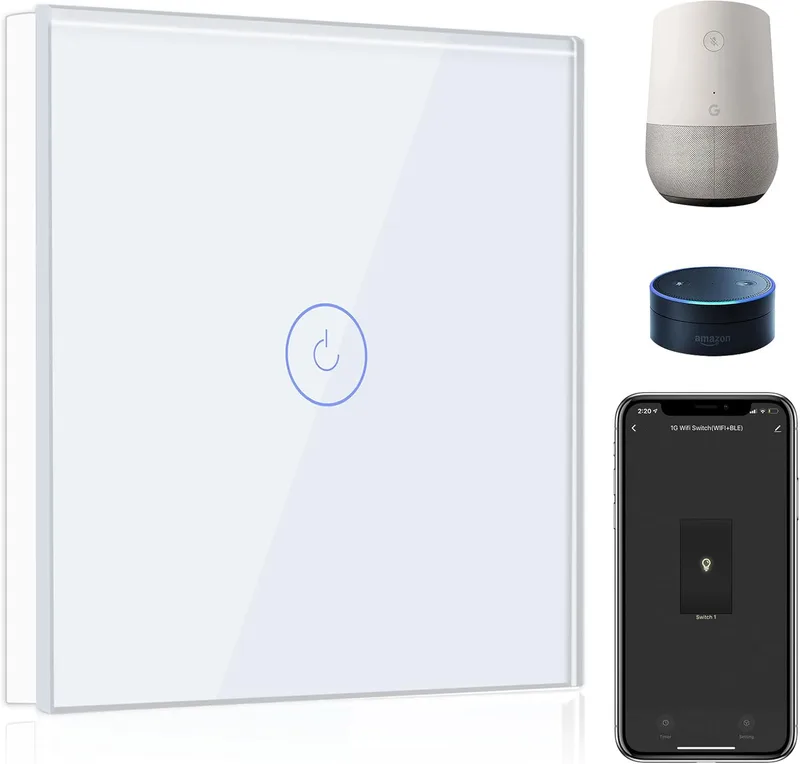 BSEED ▫️ Interruptor de parede Wi-Fi, interruptor inteligente de 1 gangue e 1 via com ecrã tátil branco, compatível com Alexa, Google Home, controlo por aplicação e função de temporizador 【É necessário fio neutro】