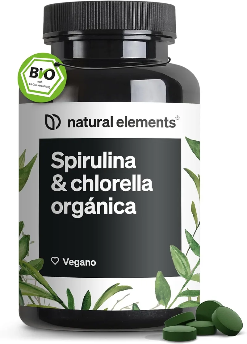 natural elements ▫️ Spirulina e Chlorella orgânicas 4.800mg - 500 comprimidos para 125 dias - Produto orgânico certificado - Vegan e testado em laboratório na Alemanha