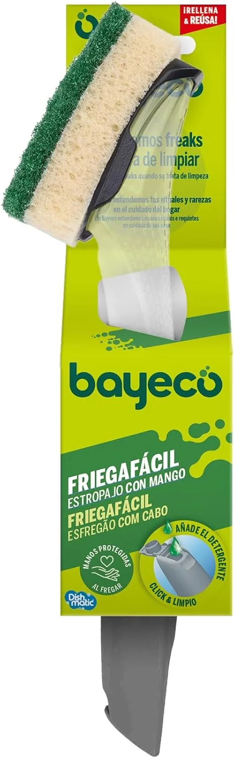 Bayeco ▫️ Esfregão Click & Clean - Pega recarregável - Evita o contacto direto com a sujidade - Sistema de distribuição de detergente - Inclui esfregão substituível - 1 unid.