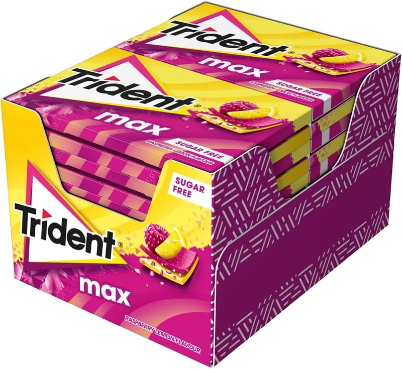 Trident ▫️ Pastilhas elásticas com sabor a framboesa e limão, sem açúcar, embalagem de 12 unidades