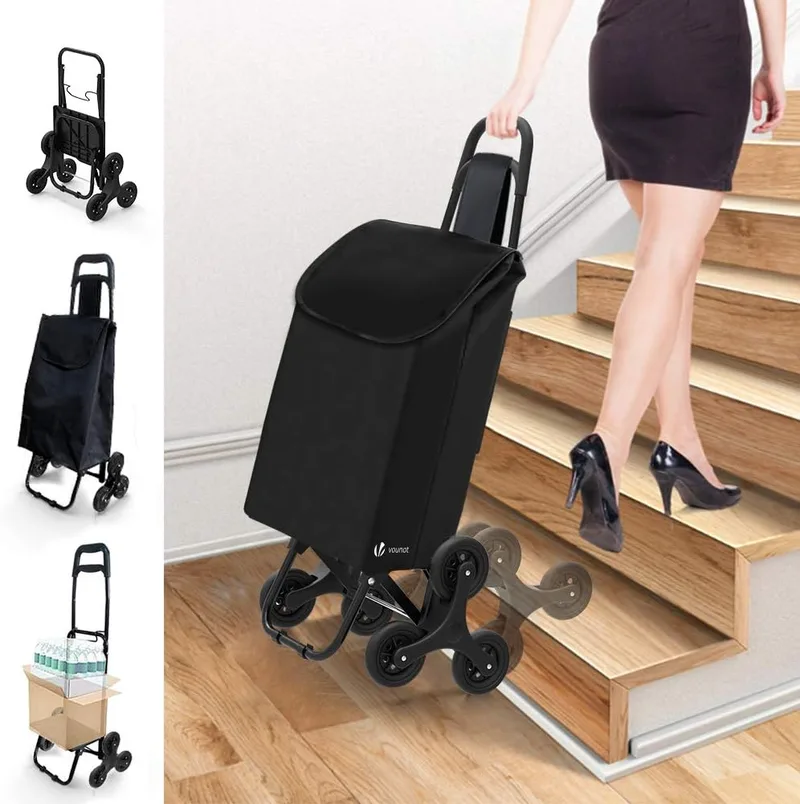 VOUNOT ▫️ ® Carrinho de compras dobrável com 6 rodas, para subir escadas, saco impermeável 32L, preto