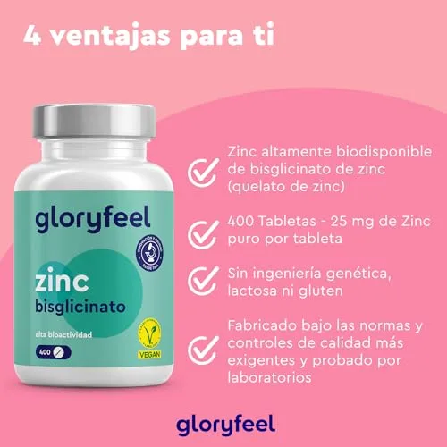 Gloryfeel ▫️ Zinco 25 mg - 400 comprimidos (+1 ano) - Bisglicinato de zinco puro (quelato de zinco) - Zinco elementar de elevada biodisponibilidade - Testado em laboratório na Alemanha 2