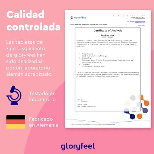 Gloryfeel ▫️ Zinco 25 mg - 400 comprimidos (+1 ano) - Bisglicinato de zinco puro (quelato de zinco) - Zinco elementar de elevada biodisponibilidade - Testado em laboratório na Alemanha 5