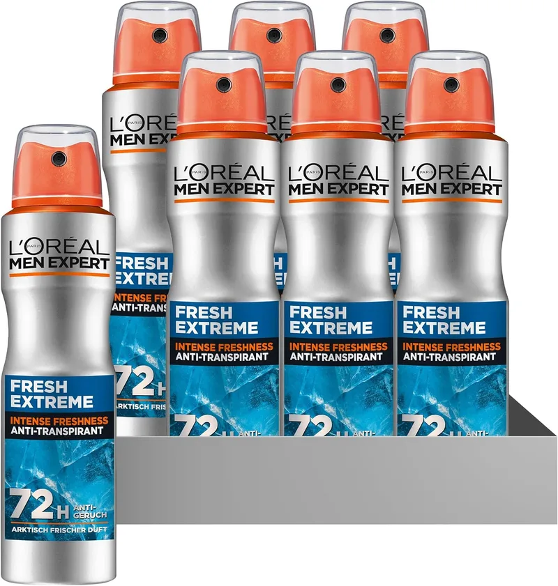 L'Oreal Paris Men Expert ▫️ L'Oréal Men Expert - Desodorizante em spray eficaz para homem com efeito refrescante integrado para até 48 horas de frescura, Fresh Extreme, 6 x 150 ml