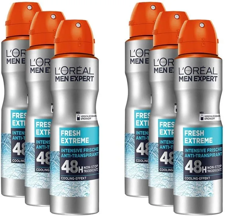 L'Oreal Paris Men Expert ▫️ L'Oréal Men Expert - Desodorizante em spray eficaz para homem com efeito refrescante integrado para até 48 horas de frescura, Fresh Extreme, 6 x 150 ml