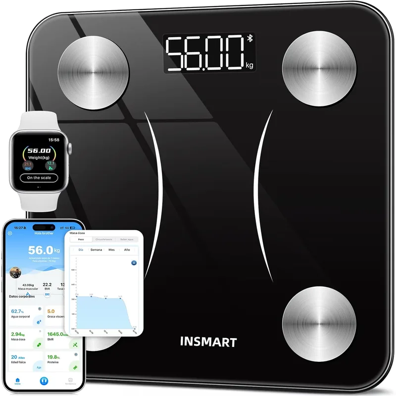 INSMART ▫️ Balança de gordura corporal Bluetooth, Balança de casa de banho digital com APP inteligente, 13 monitores de composição corporal, para Andriod e iOS, 180kg Preto