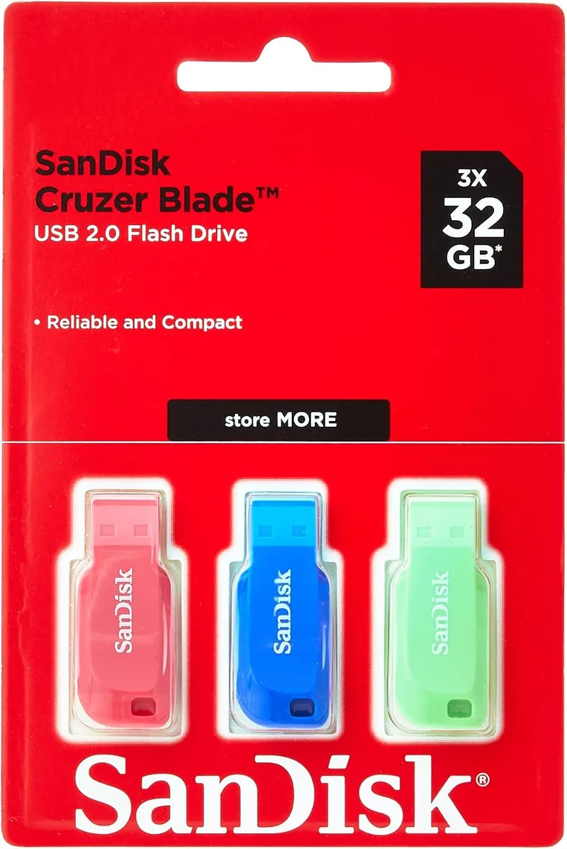 SanDisk ▫️ Pen USB Cruzer Blade de 32 GB, azul/rosa/verde, 3 unidades (embalagem de 1)