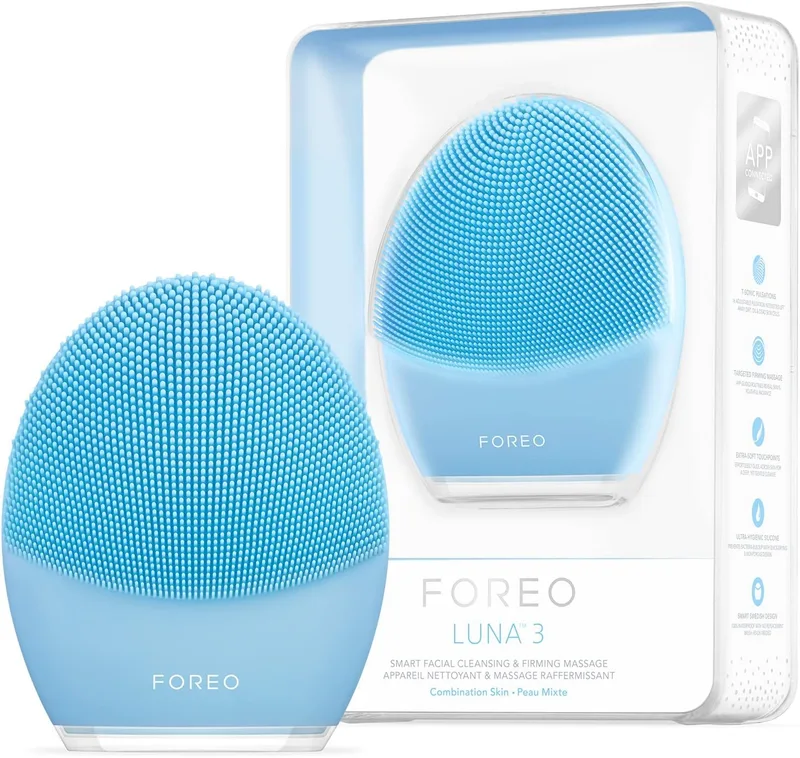 FOREO ▫️ LUNA 3 Pele mista, escova de limpeza facial em silicone, massajador elétrico, cuidado ultra-higiénico da pele, esfoliante de viagem, ligação a aplicações