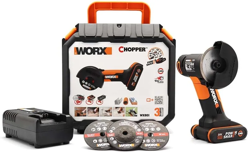 WORX ▫️ Mini-esmeril WX801 20 V, 2 Ah, 76 mm, 19 500 rpm, Discos incluídos para metal, plástico e alvenaria, com bateria, carregador e mala de transporte | Disco de Ø76 mm, ideal para metal, azulejos e plástico, bateria de 2 Ah e carregador incluídos