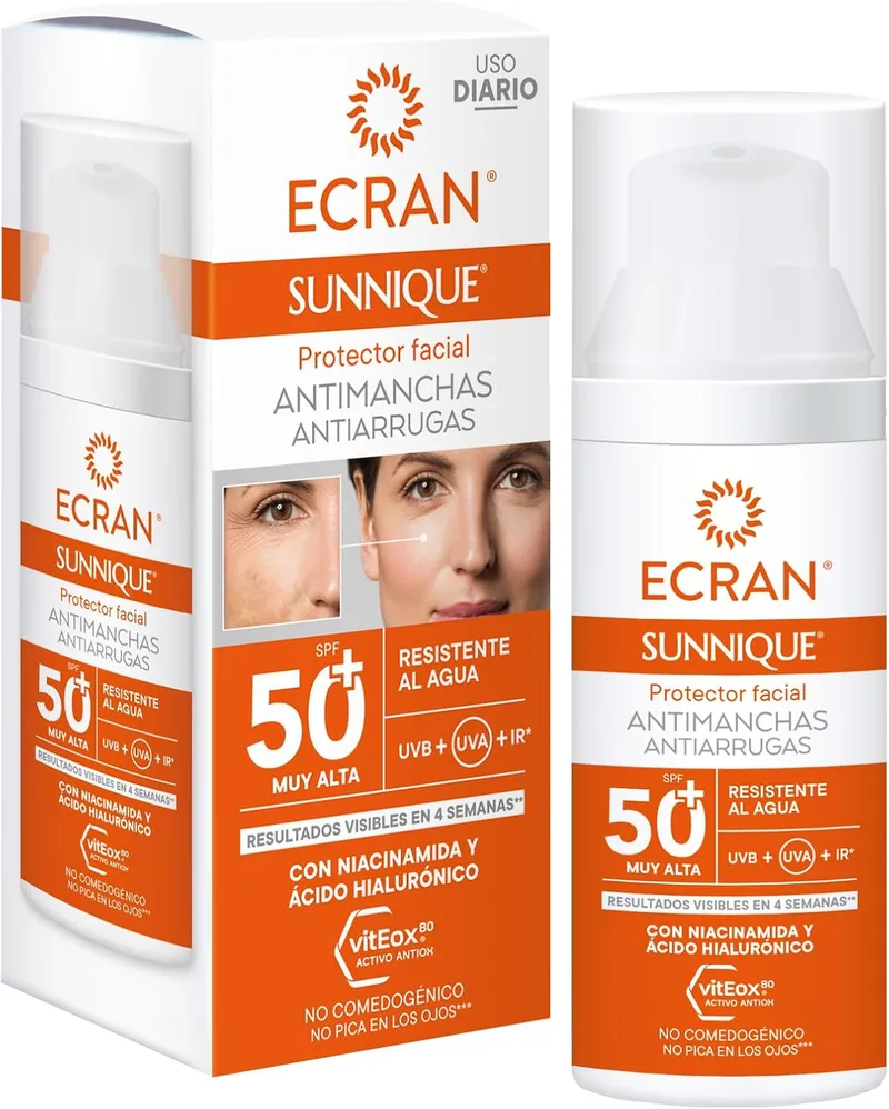 Ecran ▫️ SUNNIQUE – Protetor Facial Antimanchas e Antirrugas FPS 50+ com Niacinamida e Ácido Hialurónico, Despigmenta e Unifica o Tom da Pele, Fórmula com VitEox80 - 50 ml