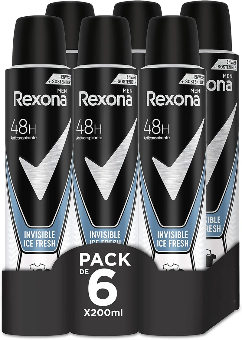 Rexona ▫️ Invisible Desodorizante em Aerossol Antitranspirante para homem Ice 200 ml - Embalagem de 6 unidades.