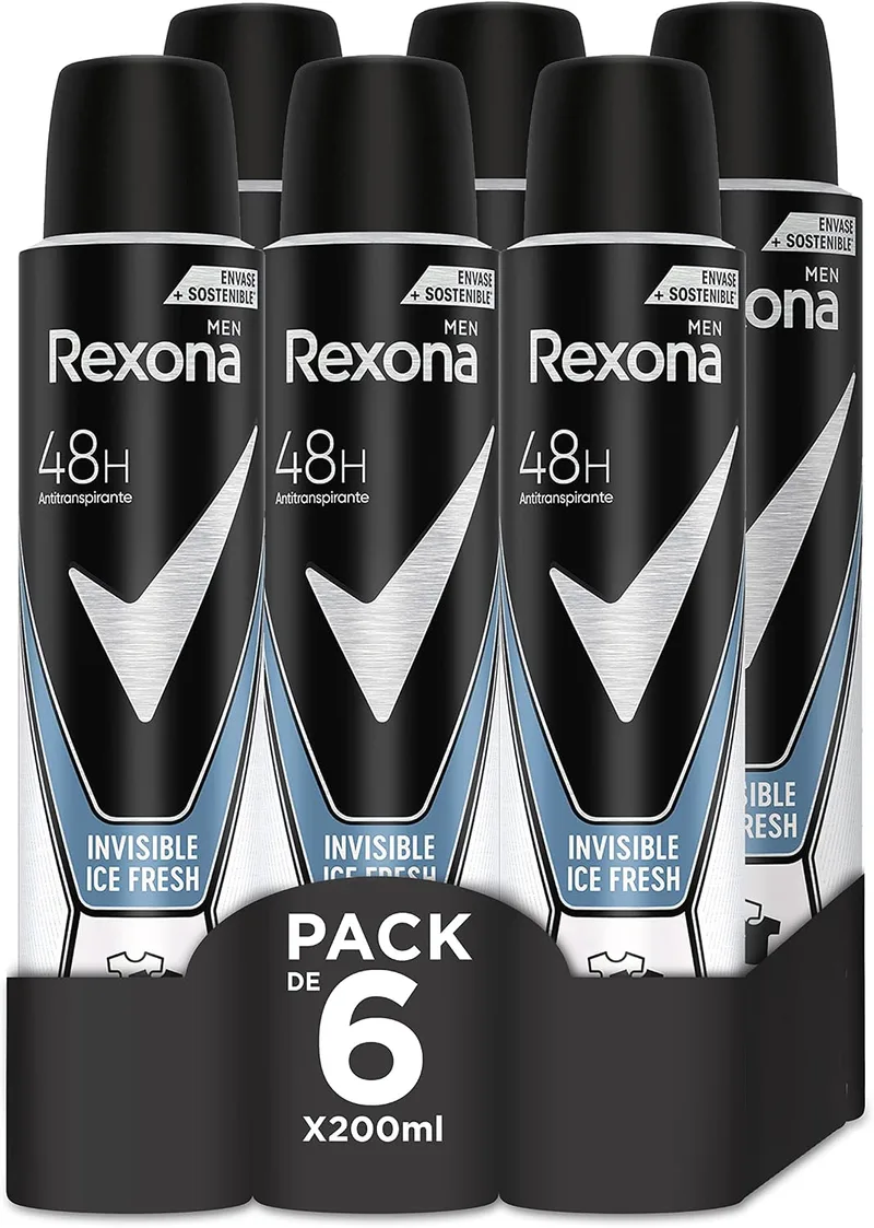Rexona ▫️ Invisible Desodorizante em Aerossol Antitranspirante para homem Ice 200 ml - Embalagem de 6 unidades.