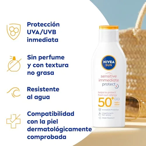 NIVEA ▫️ SUN Sensitive Proteção Imediata Antialérgica Solar Leite Solar FPS 50+ (1 x 200 ml), protetor solar não oleoso para pele sensível, creme solar resistente à água 2
