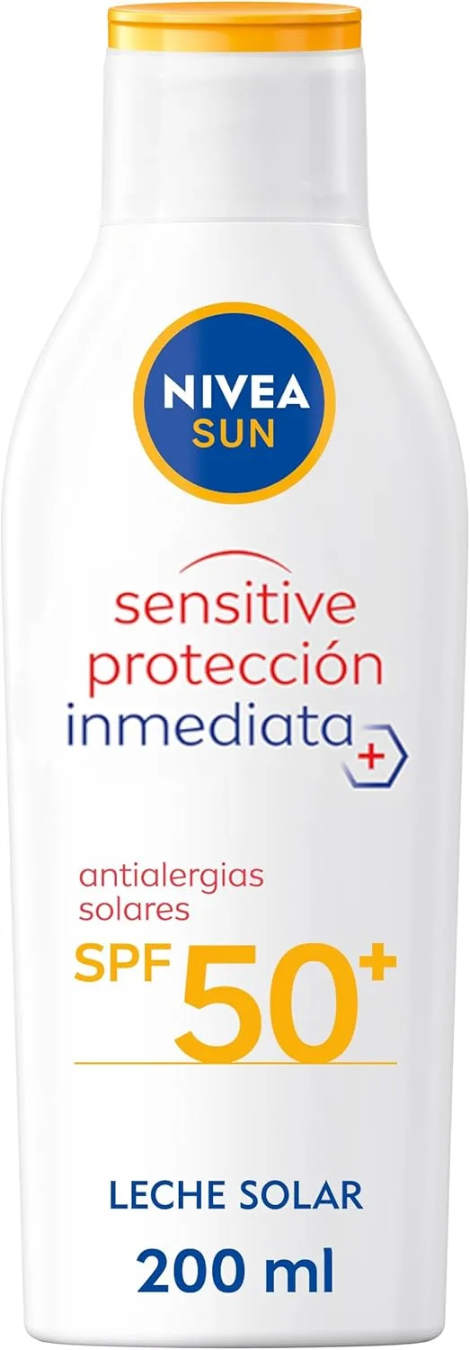NIVEA ▫️ SUN Sensitive Proteção Imediata Contra as Alergias Solares Leite Solar SPF 50+ (1 x 200 ml), protetor solar não oleoso para peles sensíveis, resistente à água 50