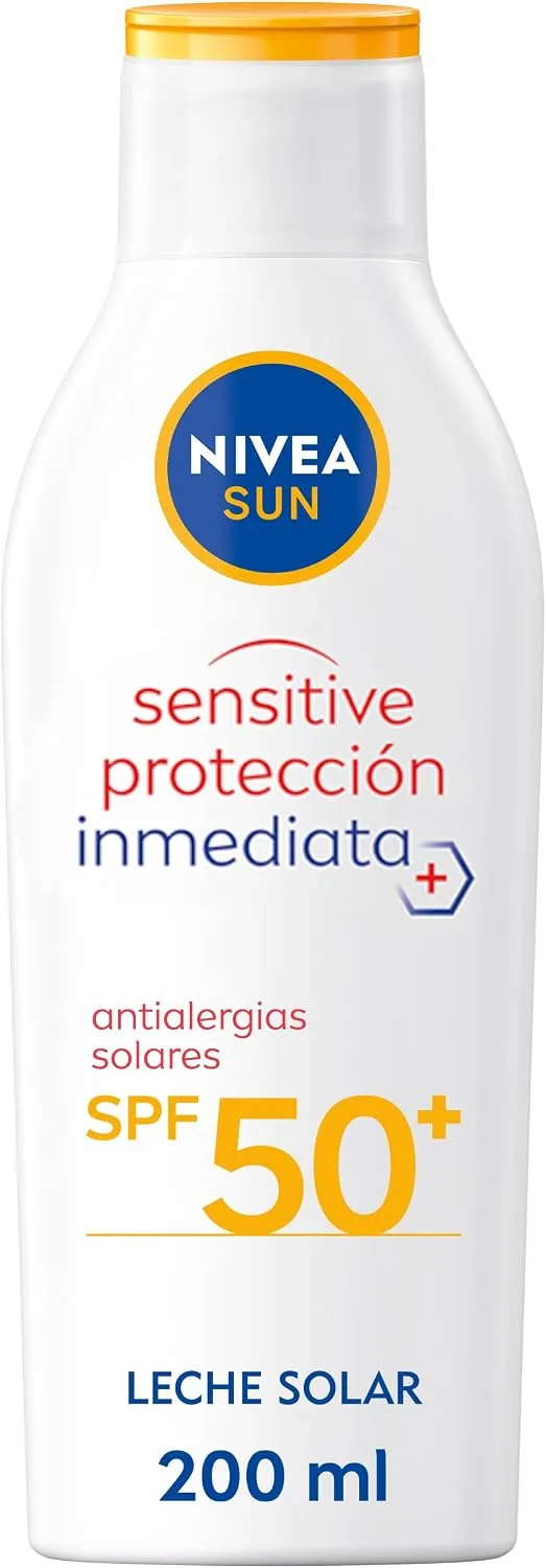 NIVEA ▫️ SUN Sensitive Proteção Imediata Antialérgica Solar Leite Solar FPS 50+ (1 x 200 ml), protetor solar não oleoso para pele sensível, creme solar resistente à água