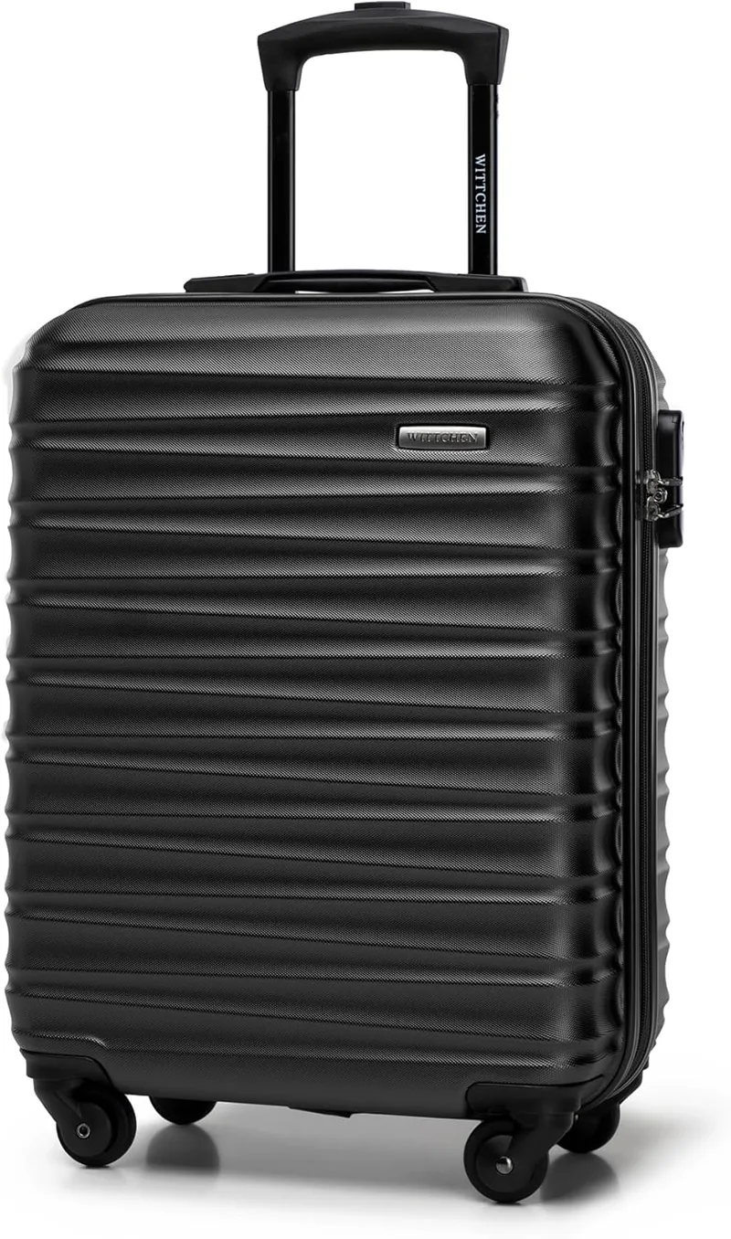 WITTCHEN ▫️ Mala de mão Bagagem de cabine Bagagem de cabine Pequena Bagagem de cabine Trolley de cabine ABS Hard Shell 4 Rodas giratórias Bloqueio de combinação Pega telescópica Groove Line Preto Ryanair/Vueling/Iberia