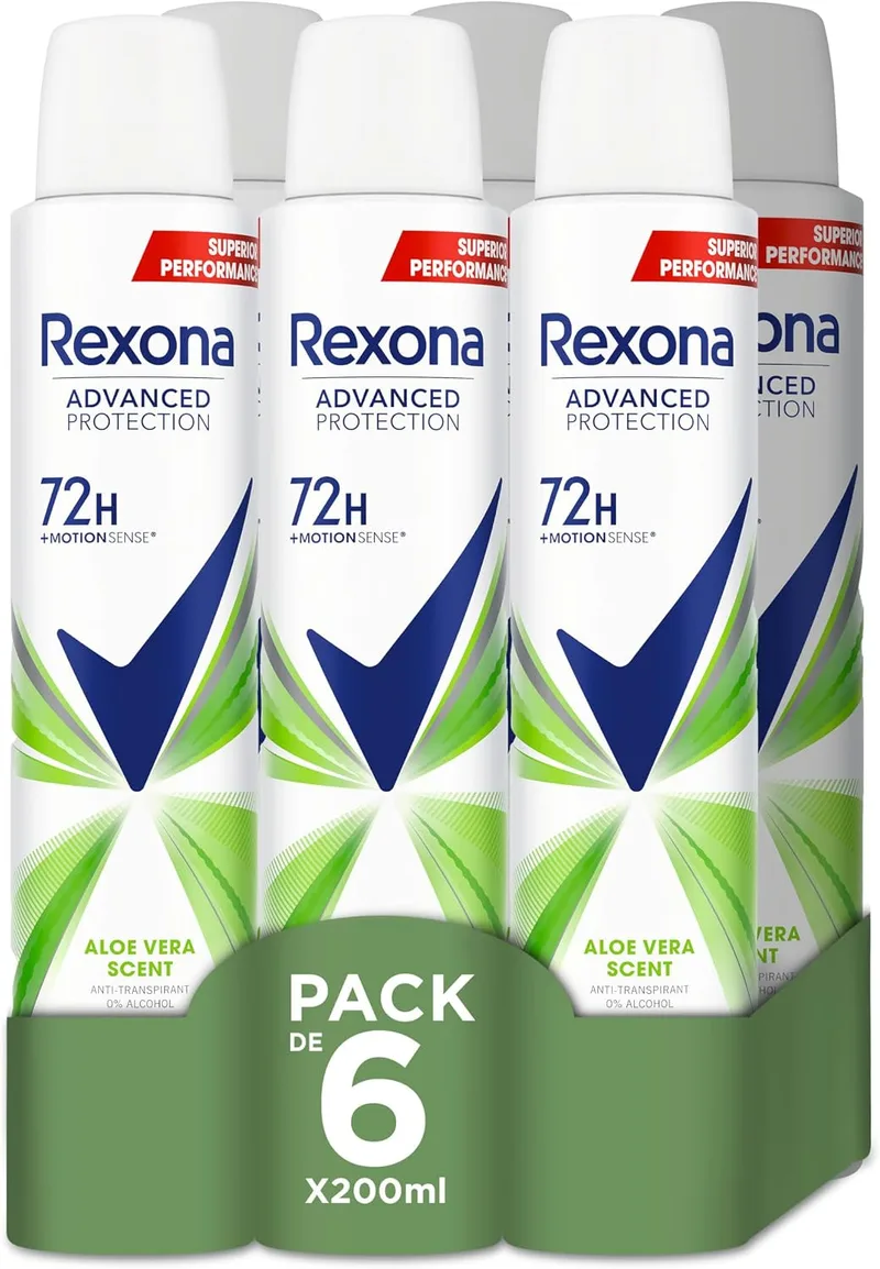 Rexona ▫️ Advanced Protection Desodorizante antitranspirante em aerossol para mulher ALOE VERA 72h 200 ml, embalagem de 6 unidades