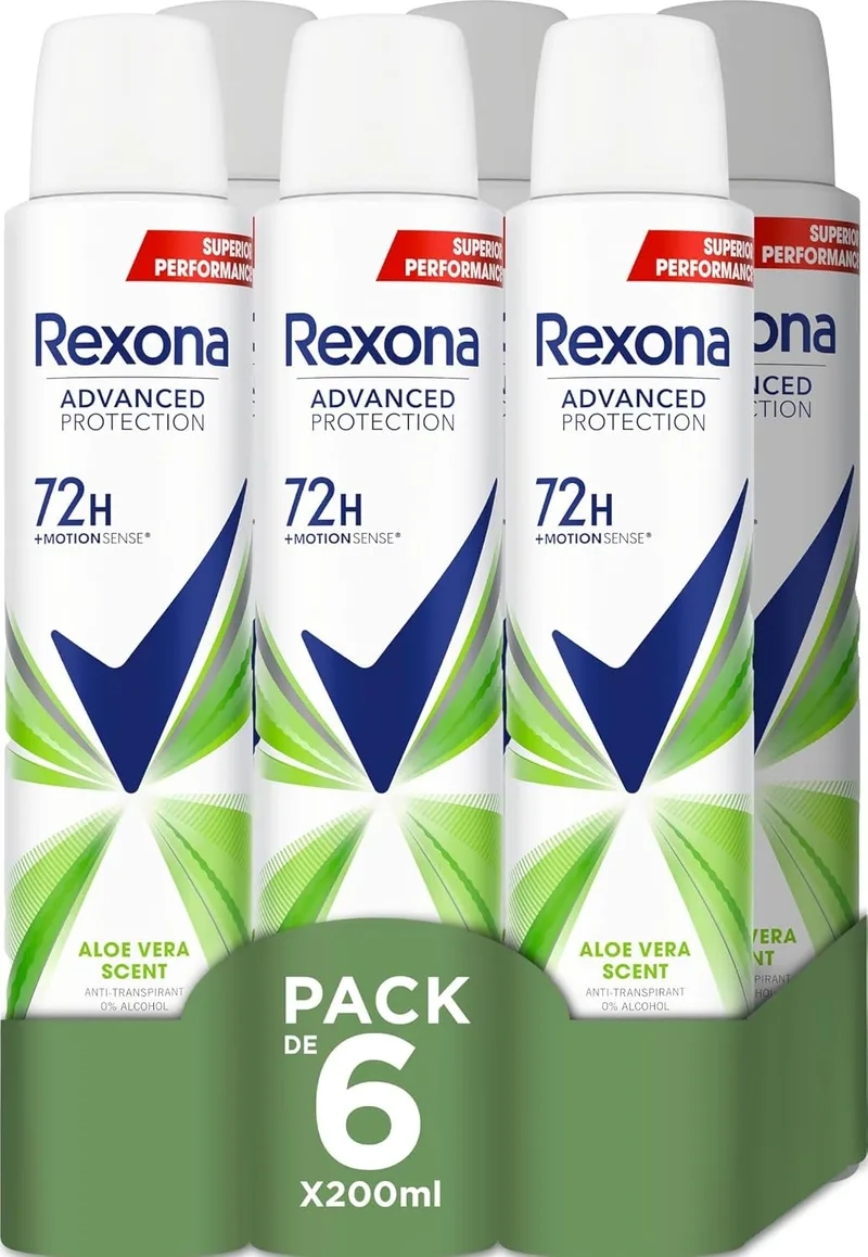Rexona ▫️ Advanced Protection Desodorizante antitranspirante em aerossol para mulher ALOE VERA 72h 200 ml, embalagem de 6 unidades