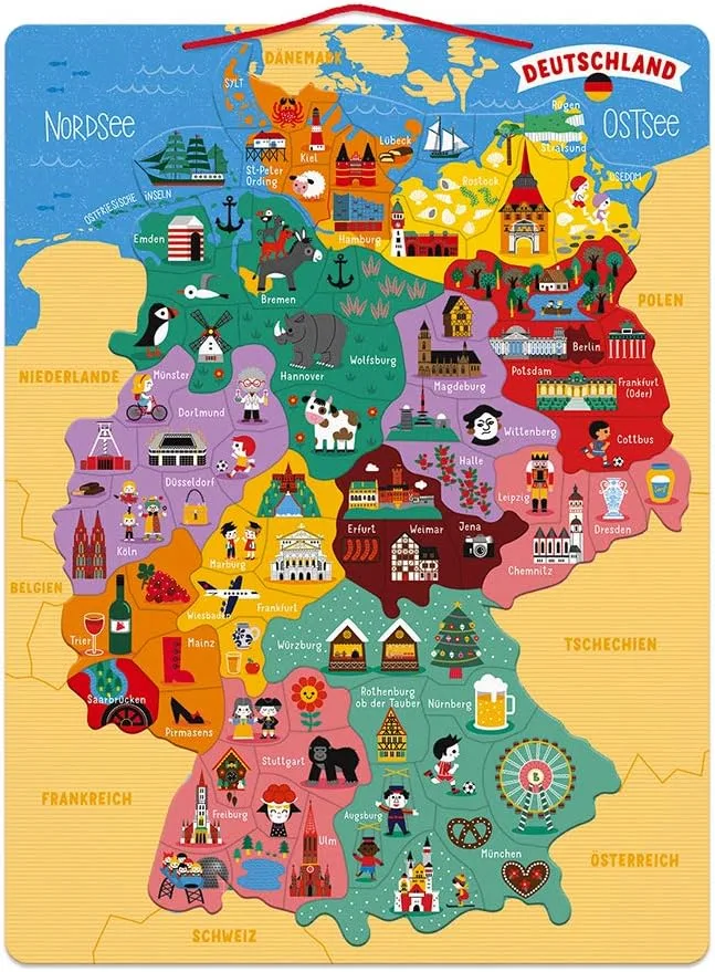Janod ▫️ J05477 - Puzzle de madeira Mapa magnético da Alemanha - 79 peças magnéticas - Jogo educativo Geografia - Idade 7+ - Versão alemã, J05477