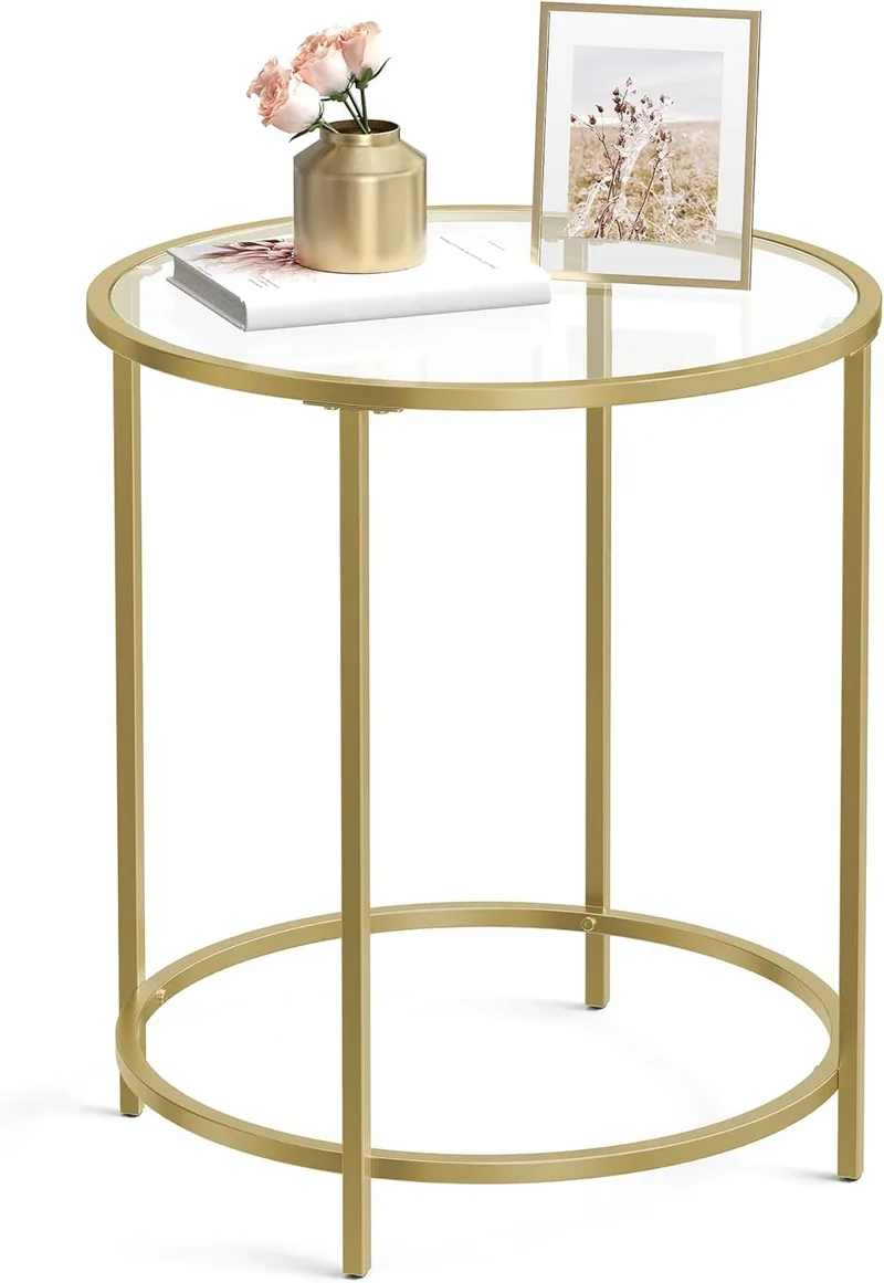 VASAGLE ▫️ Mesa Auxiliar Redonda, Mesa de Cabeceira em Vidro com Estrutura em Aço, Mesa de Centro Pequena, para Sala, Varanda, Decorativa, Dourada e Transparente LGT20G