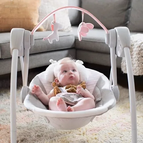 Ingenuity ▫️ Balanço Compacto e Dobrável «Flora, o Unicórnio», 6 velocidades de balanço, temporizador, 12 melodias, arco de brinquedos removível, cor-de-rosa, desde o recém-nascido até aos 9 kg, 1 unidade 5