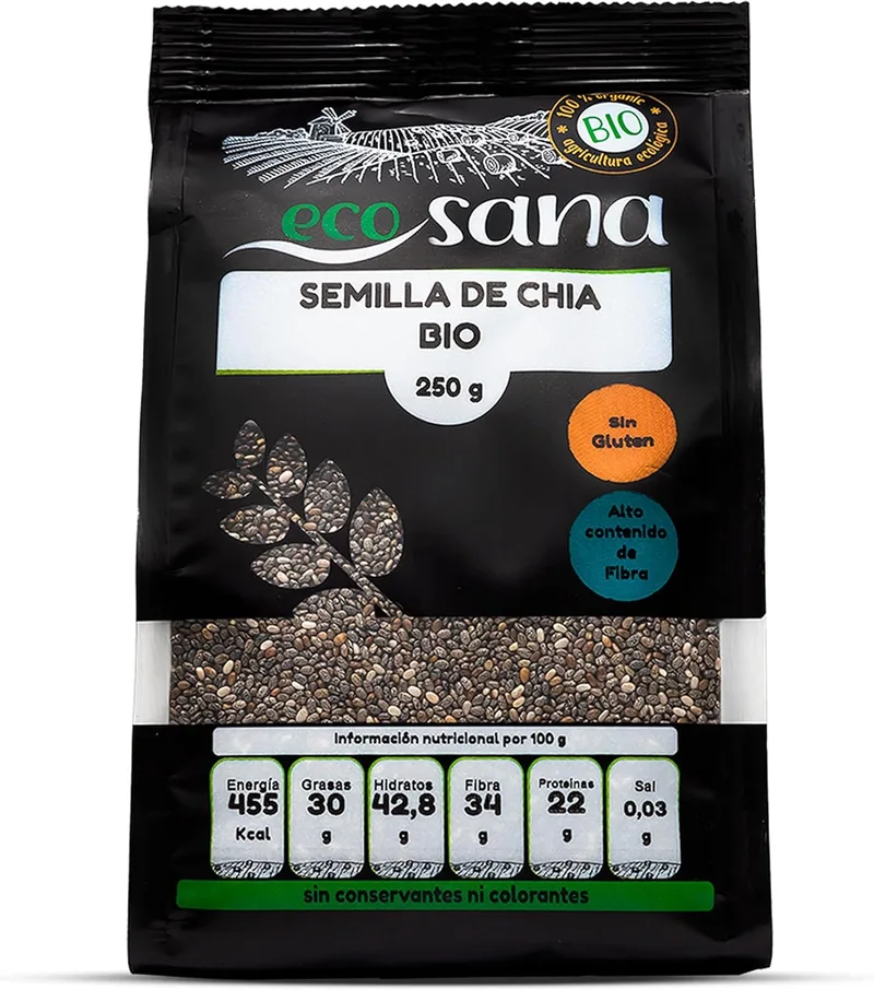 Drasanvi ▫️ ECOSANA CERTIFIED ORGANIC CHÍA SEED by - Alto teor de fibras - VEGAN - SEM GLÚTEN - 250g