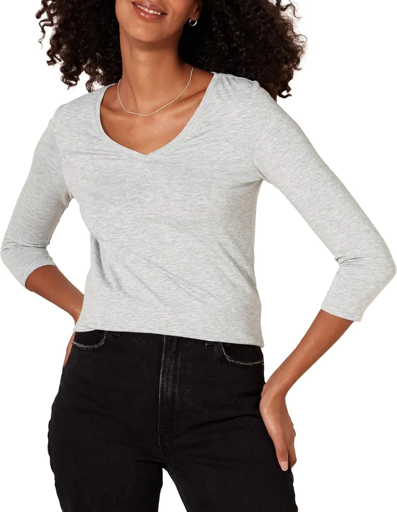 Amazon Essentials ▫️ T-Shirt de manga 3/4 com decote em V de ajuste normal para mulher (disponível em tamanhos extra)