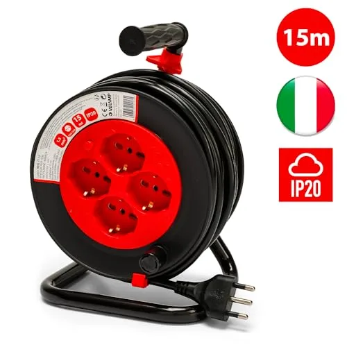 Velamp ▫️ REEL-IT-15 - Extensão elétrica com enrolador de cabo de 15 m - 4 tomadas multifuncionais (Schuko + 10/16 A) - Tomada grande de 16 A - Interruptor de proteção - Cabo elétrico multipolar 3G com secção de 1,5 2