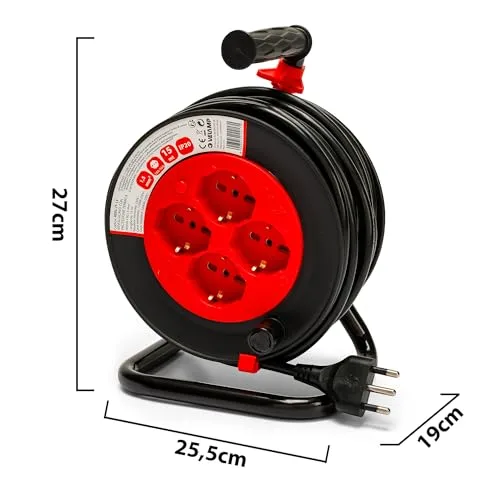 Velamp ▫️ REEL-IT-15 - Extensão elétrica com enrolador de cabo de 15 m - 4 tomadas multifuncionais (Schuko + 10/16 A) - Tomada grande de 16 A - Interruptor de proteção - Cabo elétrico multipolar 3G com secção de 1,5 3