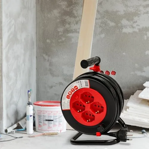 Velamp ▫️ REEL-IT-15 - Extensão elétrica com enrolador de cabo de 15 m - 4 tomadas multifuncionais (Schuko + 10/16 A) - Tomada grande de 16 A - Interruptor de proteção - Cabo elétrico multipolar 3G com secção de 1,5 6