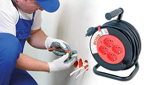 Velamp ▫️ REEL-IT-15 - Extensão elétrica com enrolador de cabo de 15 m - 4 tomadas multifuncionais (Schuko + 10/16 A) - Tomada grande de 16 A - Interruptor de proteção - Cabo elétrico multipolar 3G com secção de 1,5 7