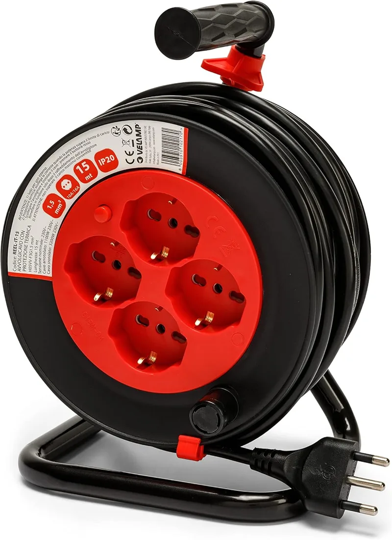 Velamp ▫️ REEL-IT-15 - Extensão elétrica com enrolador de cabo de 15 m - 4 tomadas multifuncionais (Schuko + 10/16 A) - Tomada grande de 16 A - Interruptor de proteção - Cabo elétrico multipolar 3G com secção de 1,5