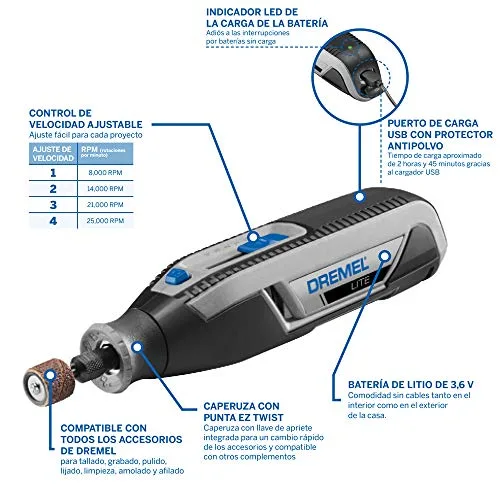 Dremel ▫️ Lite 7760 - Multiferramenta sem fios, bateria de lítio de 3,6 V, Kit com 15 acessórios, carregador USB, velocidade de 8 000 a 25 000 RPM para esculpir, gravar, esmerilar, limpar, polir, afiar e lixar 2