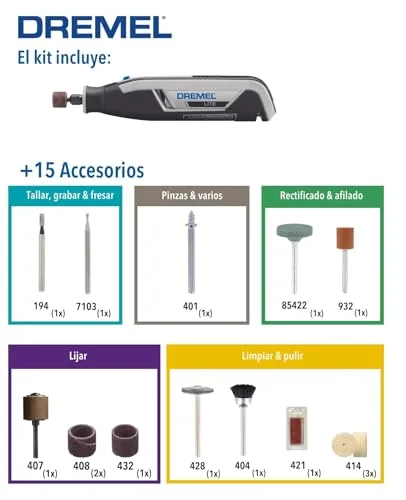 Dremel ▫️ Lite 7760 - Multiferramenta sem fios, bateria de lítio de 3,6 V, Kit com 15 acessórios, carregador USB, velocidade de 8 000 a 25 000 RPM para esculpir, gravar, esmerilar, limpar, polir, afiar e lixar 3