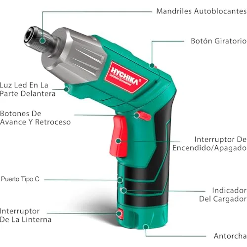 HYCHIKA BETTER TOOLS FOR BETTER LIFE ▫️ Chave de fendas elétrica HYCHIKA 6 Nm, Chave de fendas elétrica (binário máximo de 6 N·m, 3,6 V, 2,0 Ah) Luz LED tipo lanterna, cabo USB, 35 acessórios, estojo portátil, Para reparações domésticas 2