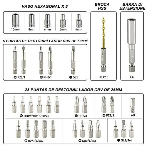 HYCHIKA BETTER TOOLS FOR BETTER LIFE ▫️ Chave de fendas elétrica HYCHIKA 6 Nm, Chave de fendas elétrica (binário máximo de 6 N·m, 3,6 V, 2,0 Ah) Luz LED tipo lanterna, cabo USB, 35 acessórios, estojo portátil, Para reparações domésticas 3