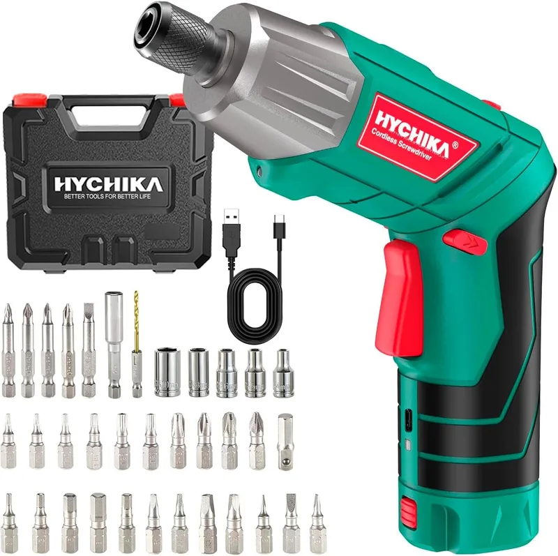 HYCHIKA BETTER TOOLS FOR BETTER LIFE ▫️ Chave de fendas elétrica HYCHIKA 6 Nm, Chave de fendas elétrica (binário máximo de 6 N·m, 3,6 V, 2,0 Ah) Luz LED tipo lanterna, cabo USB, 35 acessórios, estojo portátil, Para reparações domésticas