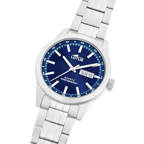 LOTUS ▫️ Relógio para homem, analógico, em aço inoxidável 316L prateado - Mecanismo de quartzo - Calendário - Vidro mineral de alta resistência - Resistente à água até 10 ATM - Clássico 18670 3